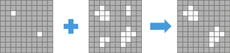 Three gray grid panels: left sparse white pixels, center clustered white shapes, right shapes filled.