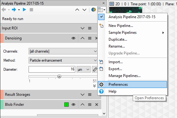 Analysis Pipeline panel showing Denoising with Method 'Particle enhancement', Diameter 16 µm and Preferences menu open