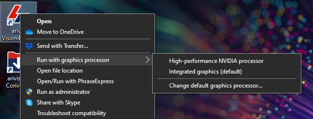 Right-click menu showing 'Run with graphics processor' submenu with 'High-performance NVIDIA processor' option