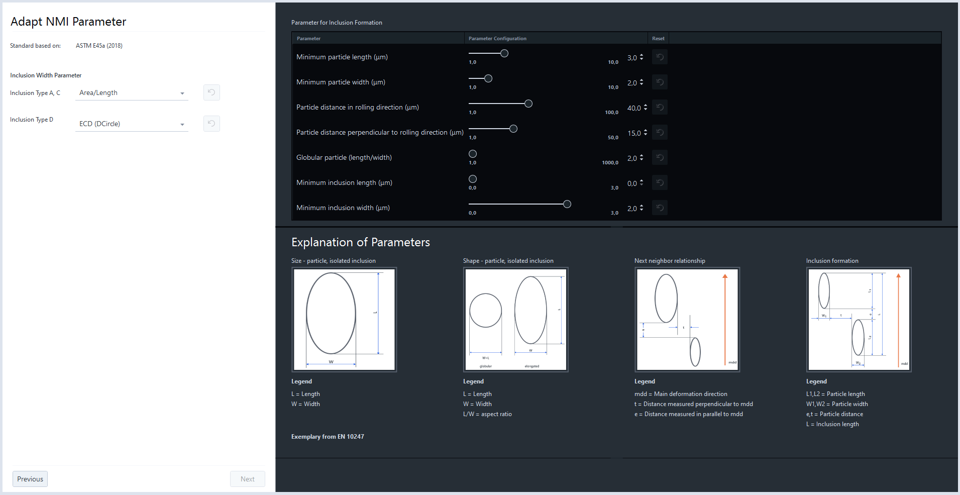 Adapt NMI Parameter dialog with Inclusion Width dropdowns (Area/Length, ECD (DCircle)), parameter sliders and diagrams