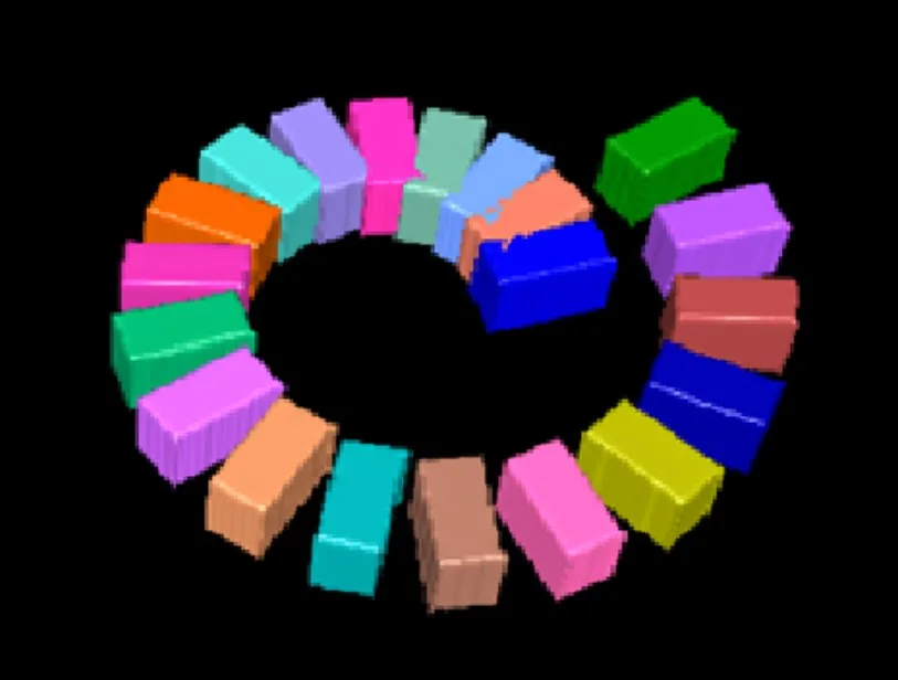 Colorful 3D rectangular blocks arranged in a spiral ring on a black background