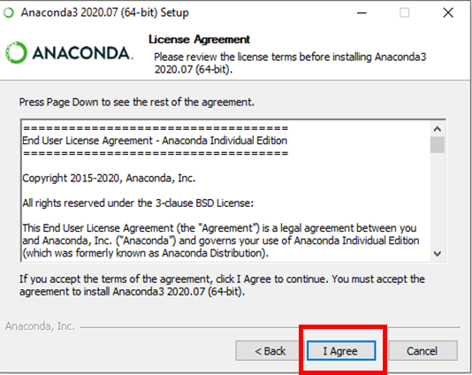 Anaconda3 2020.07 (64-bit) License Agreement dialog showing agreement text and highlighted I Agree button
