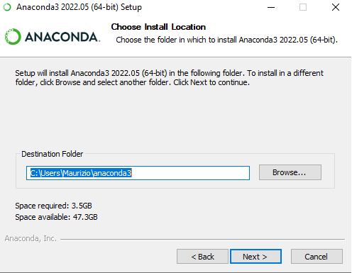 Anaconda3 2022.05 setup 'Choose Install Location' showing destination C:\Users\Maurizio\anaconda3 and space required 3.5GB