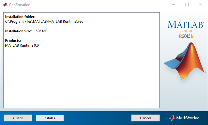 Confirmation dialog listing installation folder 'C:\Program Files\MATLAB\MATLAB Runtime\v90', size 1.626 MB and Install button
