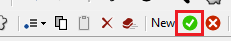 Software toolbar row with a green checkmark button highlighted inside a red square