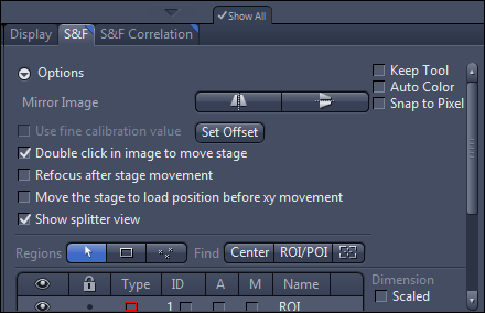 S&F tab with 'Double click in image to move stage' checked; split view left grayscale, right black with red dashed box