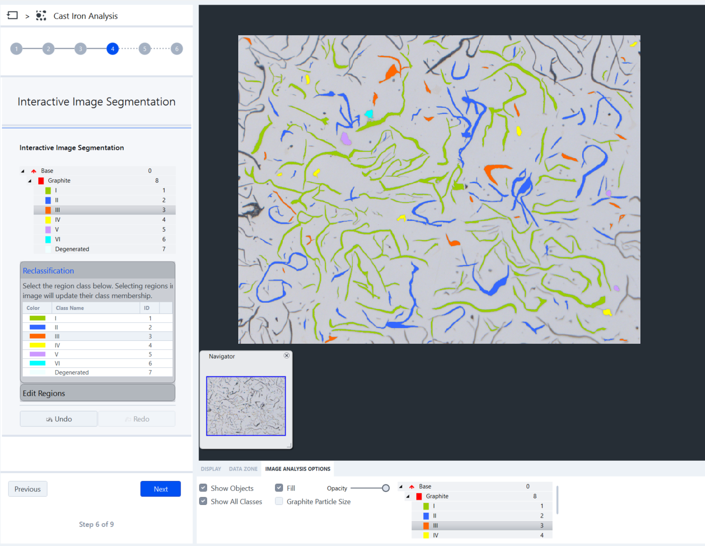 Cast Iron Analysis UI showing segmented colored graphite particles in micrograph and left legend listing Graphite classes