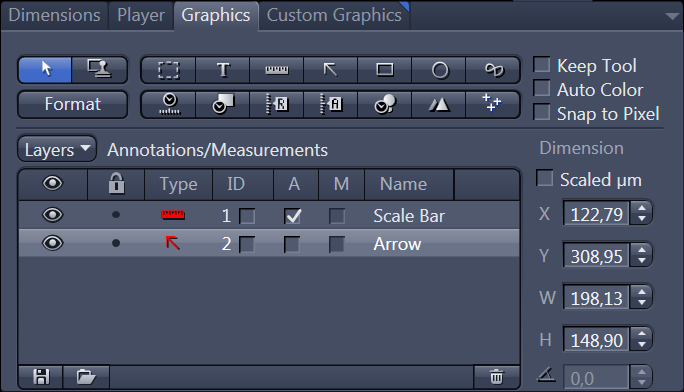 Graphics tab: Annotations/Measurements list shows Scale Bar ID1 and Arrow ID2; X122,79 Y308,95 W198,13 H148,90