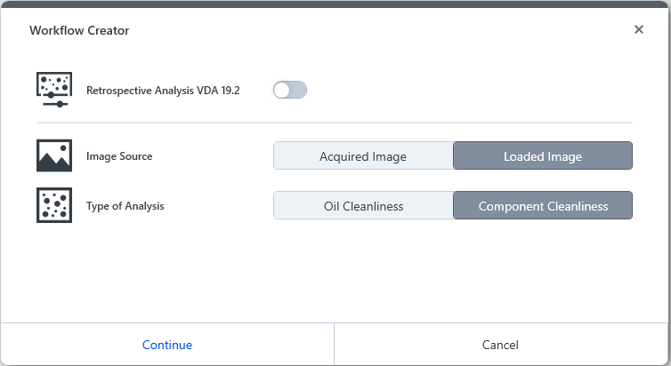 Workflow Creator dialog with Retrospective Analysis toggle off, Loaded Image selected, Component Cleanliness selected