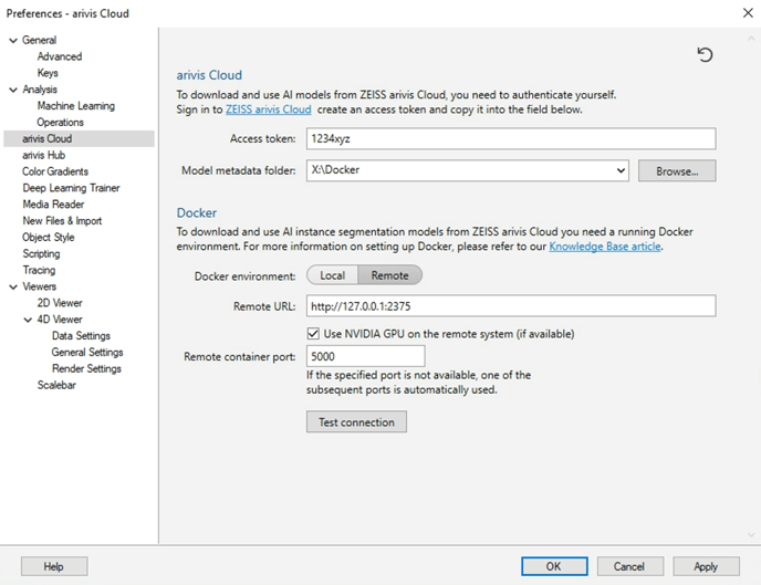 arivis Cloud preferences showing Access token 1234xyz, Model metadata folder X:\Docker and Remote URL http://127.0.0.1:2375