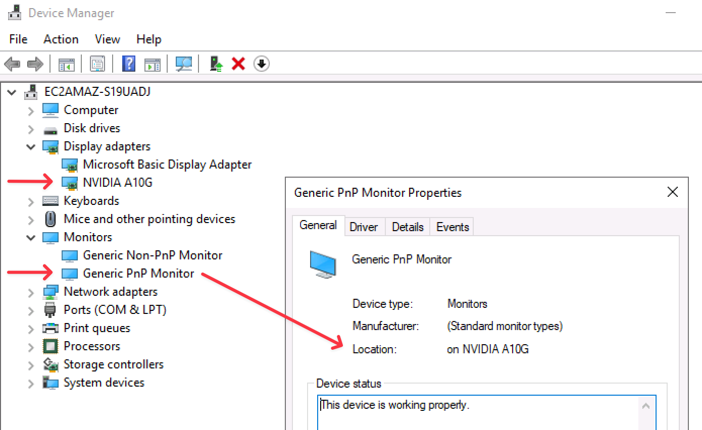 Device Manager showing NVIDIA A10G under Display adapters and Generic PnP Monitor with Location on NVIDIA A10G