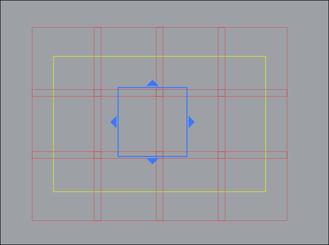 Gray background with red grid lines, yellow rectangular outline, central blue square and four blue diamond handles