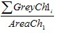 Captioned formula Σ GreyCh1_i / AreaCh1: sum of all gray values from channel 1 divided by total pixels in this channel
