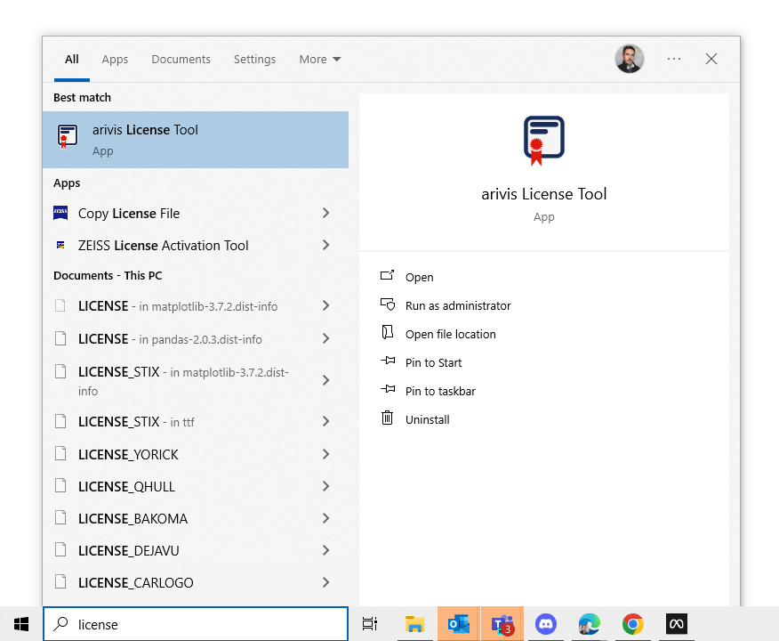 Windows search showing arivis License Tool selected with actions Open, Run as administrator, Open file location, Uninstall