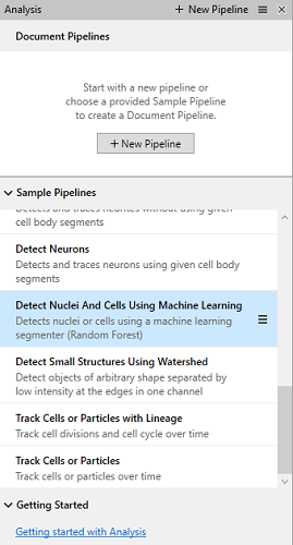 Analysis panel showing "+ New Pipeline" and highlighted "Detect Nuclei And Cells Using Machine Learning" sample pipeline