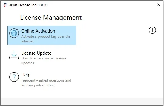 arivis License Tool 1.0.10 window showing License Management with highlighted Online Activation, License Update and Help