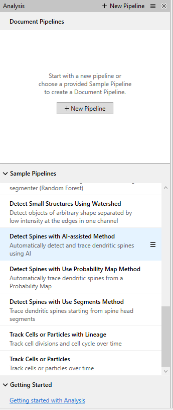 Analysis panel with + New Pipeline button and Sample Pipelines list showing Detect Spines with AI-assisted Method highlighted