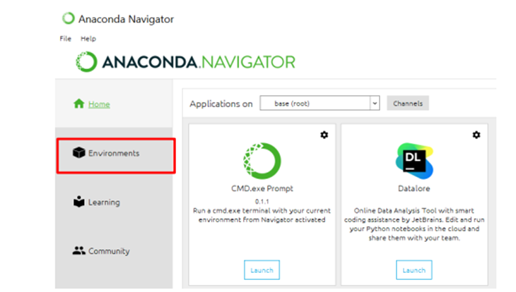 Anaconda Navigator window showing Environments tab highlighted and CMD.exe Prompt and Datalore cards