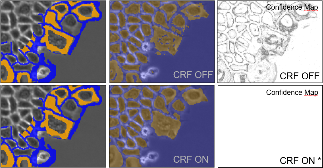 Six-panel grid of segmentation maps with colored overlays labeled CRF OFF, CRF ON, and Confidence Map