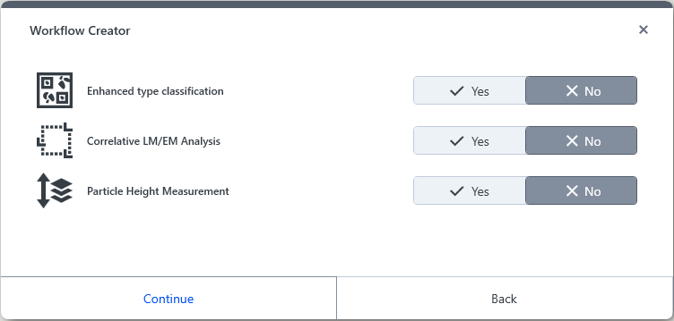 Workflow Creator dialog listing Enhanced type classification, Correlative LM/EM Analysis, and Particle Height Measurement set to No