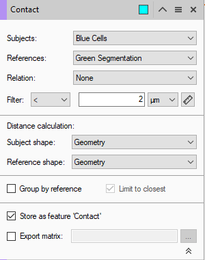 Contact dialog: Subjects 'Blue Cells', References 'Green Segmentation', Filter '< 2 µm', Shapes 'Geometry', 'Store as feature Contact' checked