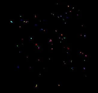 Black background with many small scattered multicolored shapes