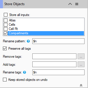 Store Objects panel listing Atlas, Cells, Cell Flt and checked Compartments with Rename pattern $n and Preserve all tags checked