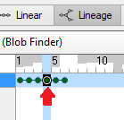 zoomed timeline labeled (Blob Finder) showing a row of green dots and a red arrow pointing at one dot