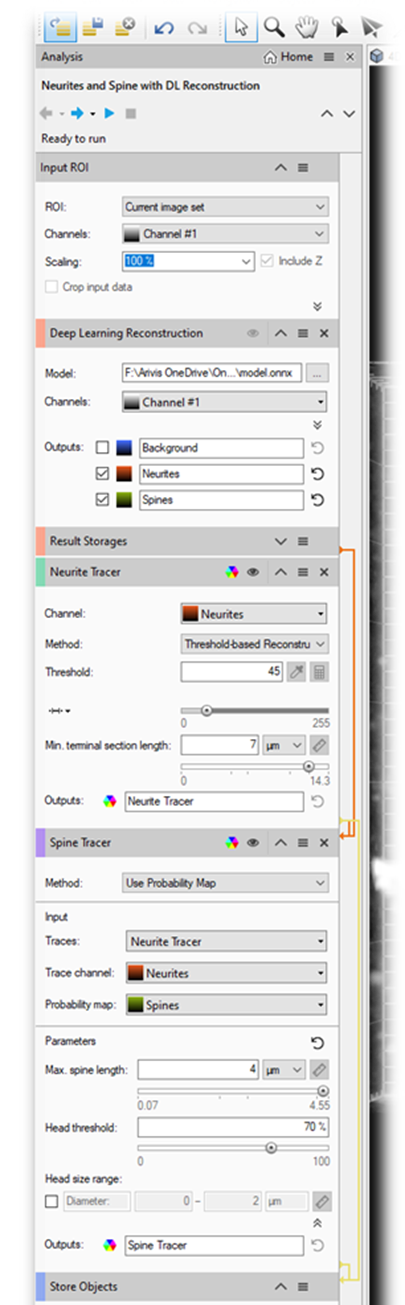 Panel 'Neurites and Spine with DL Reconstruction' showing Deep Learning Reconstruction, Neurite Tracer, Spine Tracer
