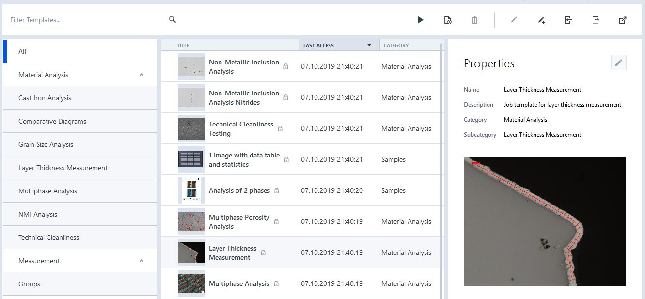 Template browser UI showing Material Analysis templates list and Properties panel for 'Layer Thickness Measurement'.