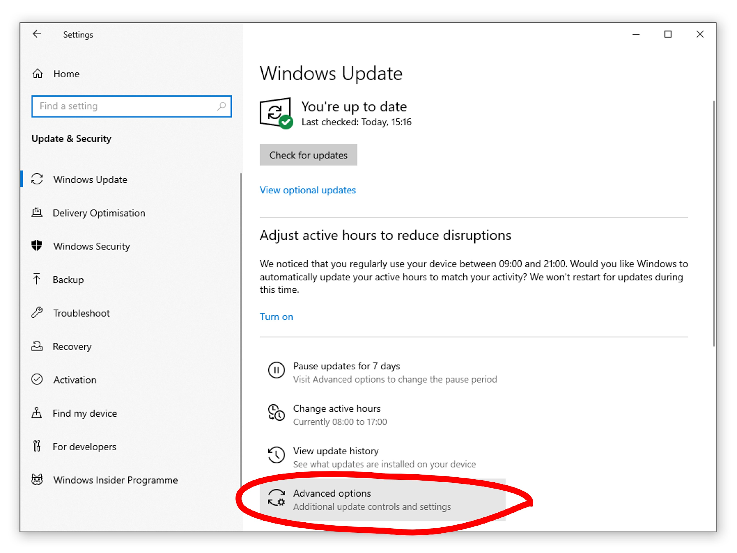 Windows Update page with Advanced options entry circled
