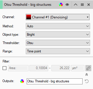 Dialog 'Otsu Threshold - big structures' with Channel #1 (Denoising), Method Auto, Object type Bright, Thresholder Otsu