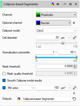 Cellpose-based Segmenter showing Channel Phalloidin, Optional channel Nuclei, model Cyto2, diameter 20 µm