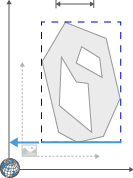 Gray irregular polygon with two inner cutouts inside a dashed blue bounding box and axes arrows.