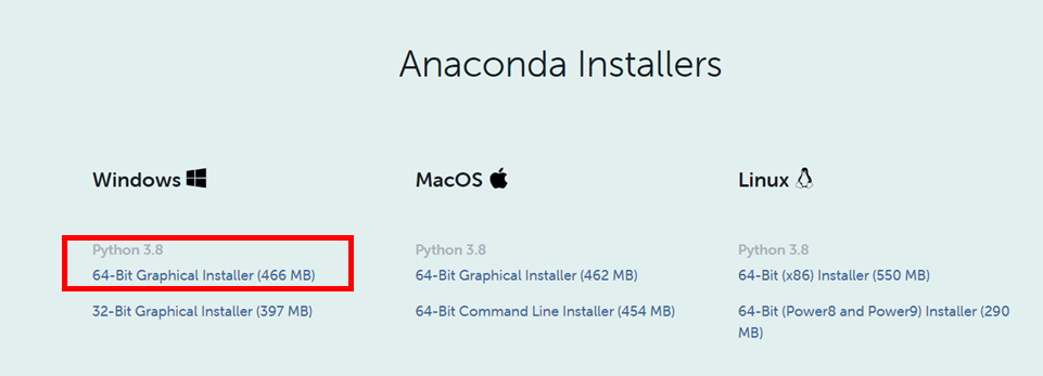 Anaconda Installers page showing Windows column with 'Python 3.8' and '64-Bit Graphical Installer (466 MB)' highlighted