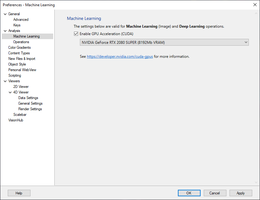 Machine Learning preferences pane showing checked Enable GPU Acceleration (CUDA) and NVIDIA GeForce RTX 2080 SUPER (8192Mb)