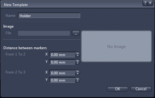 New Template: Name 'Holder', 'No Image', distance fields From 1 To 2 and From 2 To 3 at 0.00 mm, OK Cancel