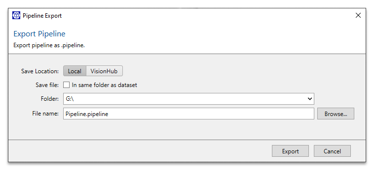 Pipeline Export dialog showing Save Location tabs, folder set to G:\ and file name Pipeline.pipeline.