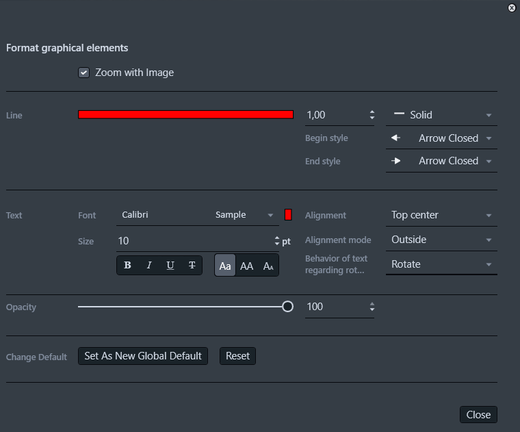 Dialog titled Format graphical elements showing red line color bar, font Calibri, size 10 pt, opacity 100 and default/reset buttons