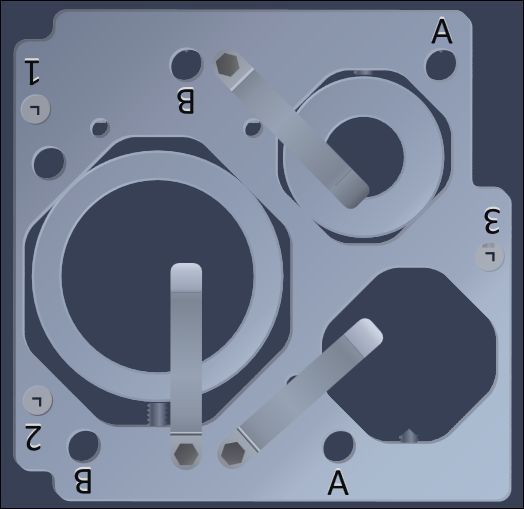 plate with two circular cutouts, one octagonal cutout, three angled clamps and labels A B 1 2 3