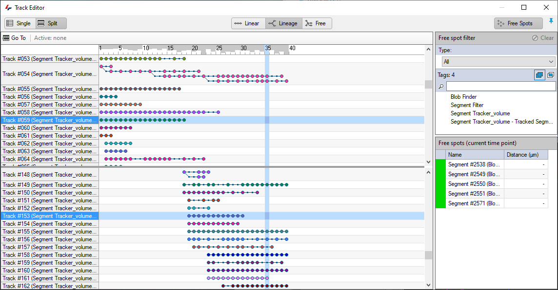 Track Editor window showing timeline rows for Track #053–#064 with colored segment dots and a Free spot filter panel.
