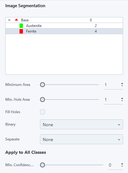 Image Segmentation panel listing Austenite 2 (green) and Ferrite 4 (red) with Minimum Area and Binary controls