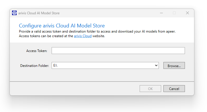 Configure arivis Cloud AI Model Store dialog showing empty Access Token field and Destination Folder set to E:\