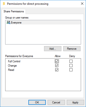 Permissions dialog for 'direct processing' showing 'Everyone' with Allow checked for Full Control, Change, and Read