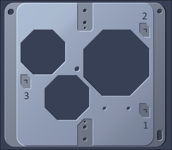square plate with three octagonal cutouts, small circular holes and numeric labels 1 2 3 near corners