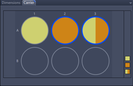 Carrier grid: A1 yellow, A2 orange with blue border, A3 half yellow/orange with blue border; row B empty.