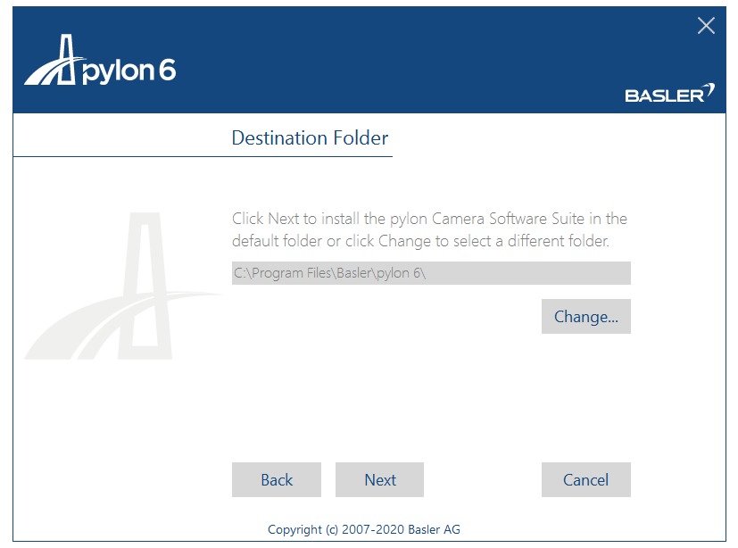 pylon6 Destination Folder dialog showing install path C:\Program Files\Basler\pylon 6\ with Change button and Back Next Cancel buttons