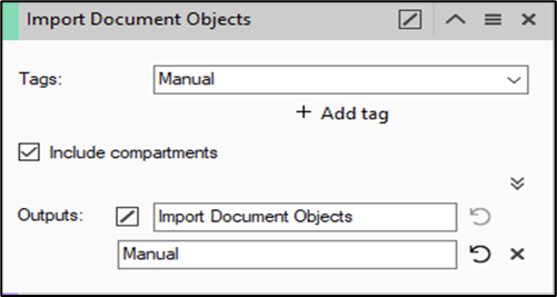 Import Document Objects dialog with Tags Manual, checked Include compartments, Outputs Import Document Objects