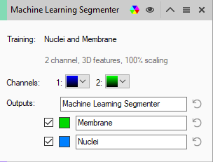 Machine Learning Segmenter panel: Training Nuclei and Membrane, channel swatches and checked Membrane and Nuclei