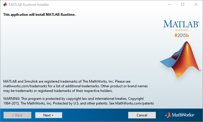 MATLAB Runtime Installer window titled 'This application will install MATLAB Runtime' with Next and Cancel buttons